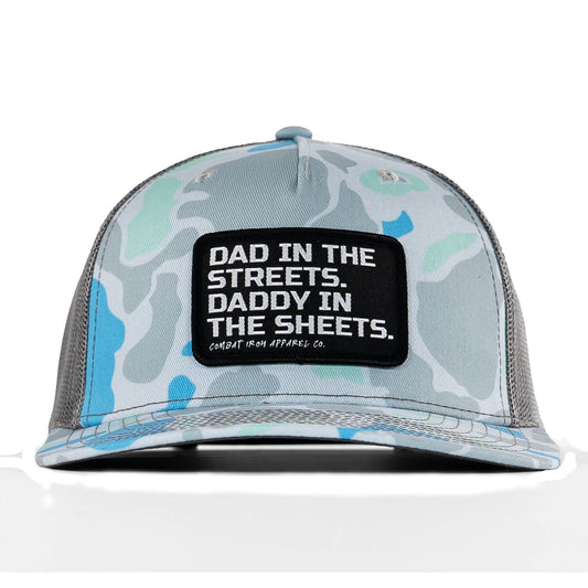 DAD IN THE STREETS. DADDY IN THE SHEETS. BLACK PATCH SNAPBACK HAT