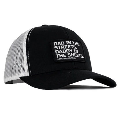 DAD IN THE STREETS. DADDY IN THE SHEETS. BLACK PATCH SNAPBACK HAT