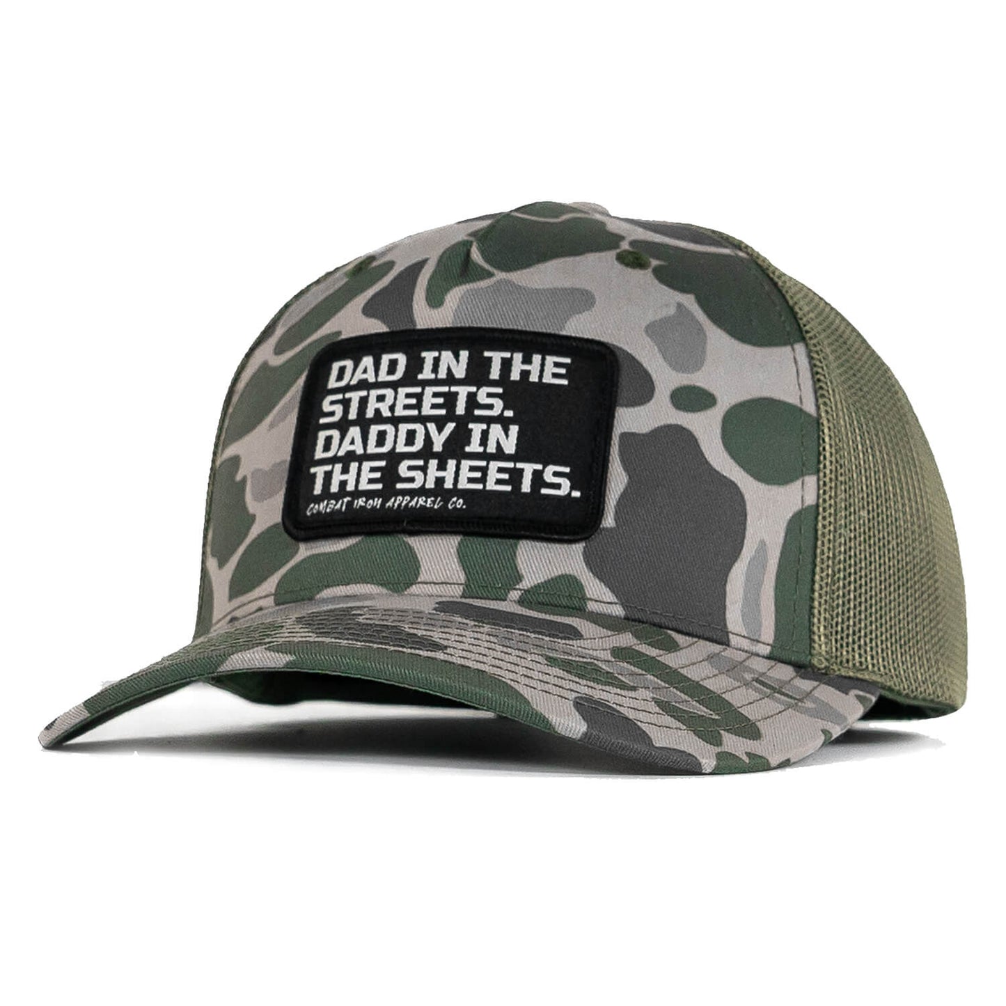 DAD IN THE STREETS. DADDY IN THE SHEETS. BLACK PATCH SNAPBACK HAT