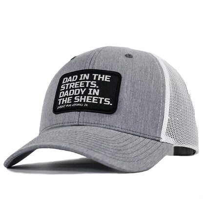 DAD IN THE STREETS. DADDY IN THE SHEETS. BLACK PATCH SNAPBACK HAT