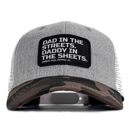 DAD IN THE STREETS. DADDY IN THE SHEETS. BLACK PATCH SNAPBACK HAT