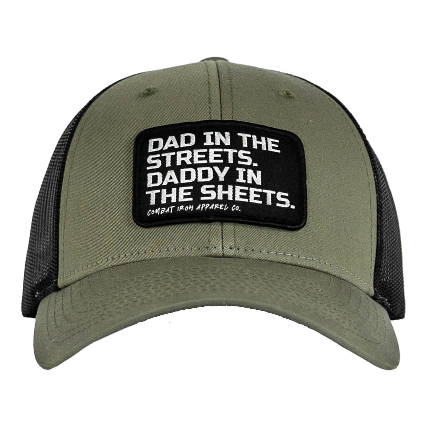 DAD IN THE STREETS. DADDY IN THE SHEETS. BLACK PATCH SNAPBACK HAT