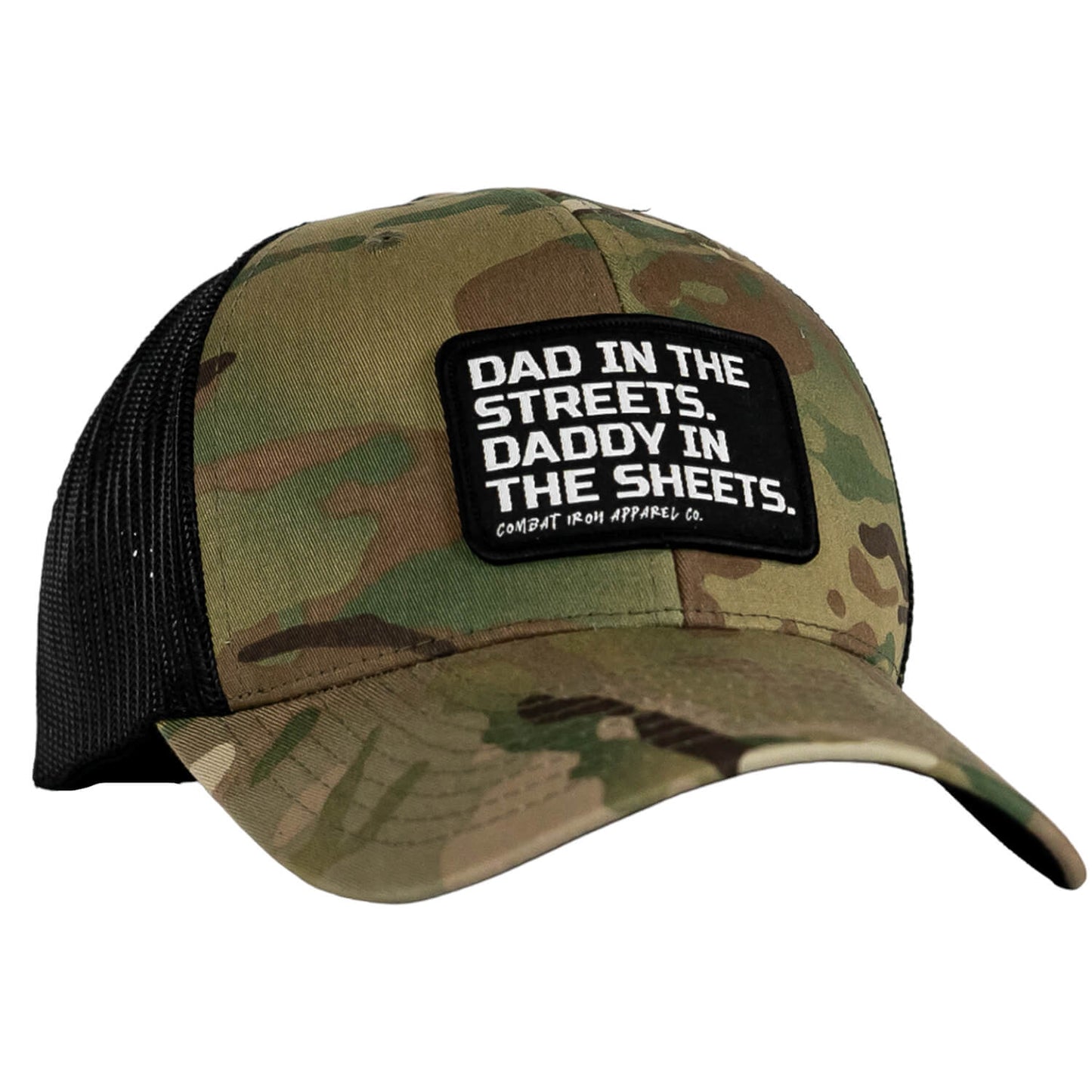 DAD IN THE STREETS. DADDY IN THE SHEETS. BLACK PATCH SNAPBACK HAT