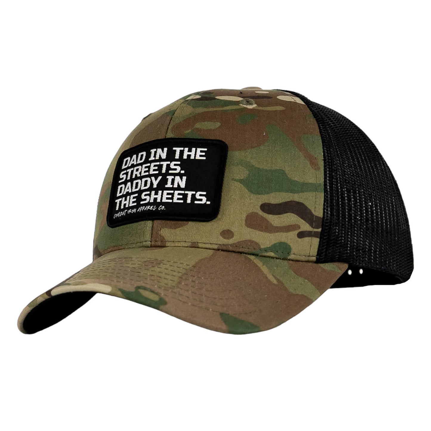 DAD IN THE STREETS. DADDY IN THE SHEETS. BLACK PATCH SNAPBACK HAT