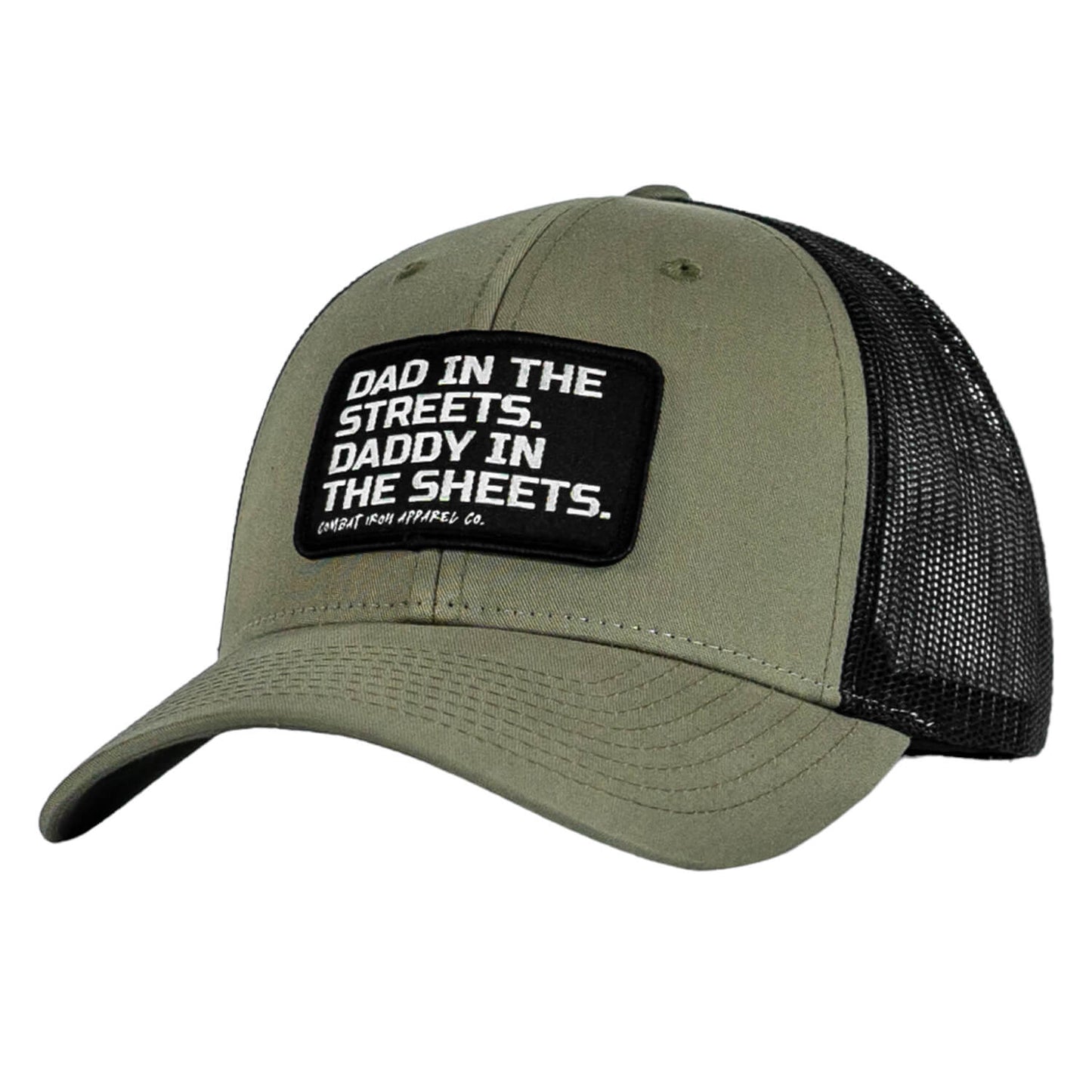 DAD IN THE STREETS. DADDY IN THE SHEETS. BLACK PATCH SNAPBACK HAT