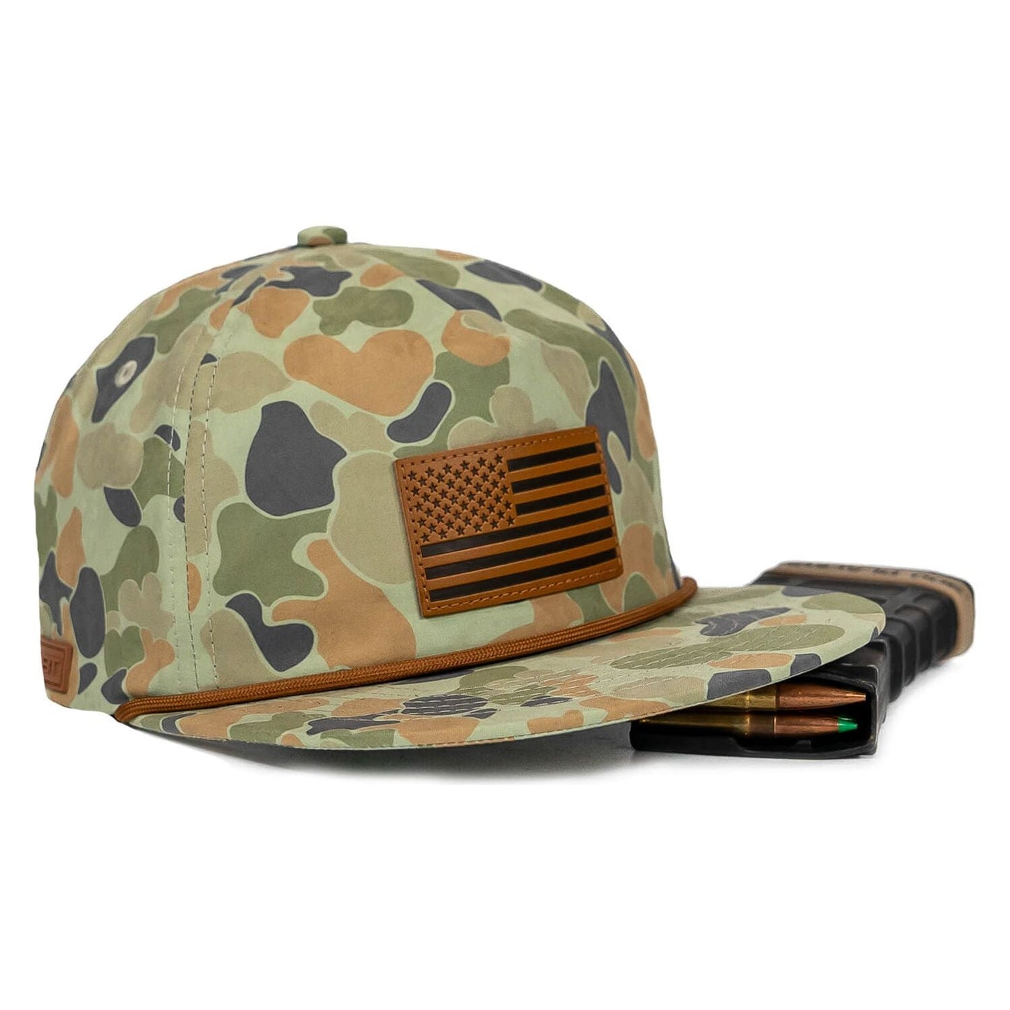 AMERICAN FLAG PATCH CRUSHABLE ROPE SNAPBACK | FROGSKIN DUCK CAMO HAT